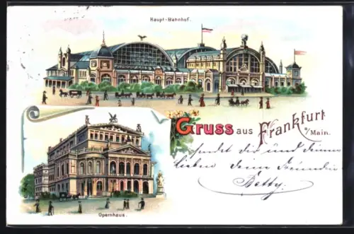 Lithographie Frankfurt a / Main, Haupt-Bahnhof, Opernhaus