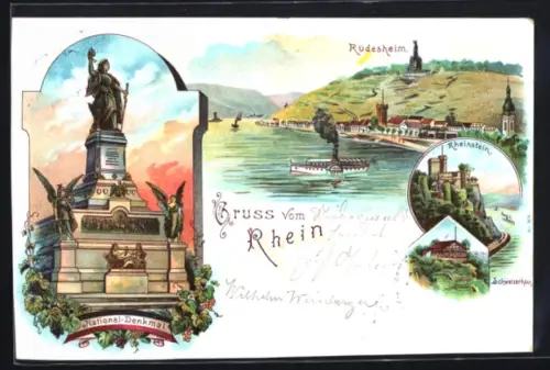 Lithographie Rüdesheim /Rhein, National-Denkmal, Rheinstein, Schweizerhaus