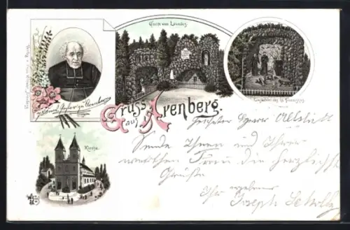 Lithographie Arenberg, Kirche, Lourdesgrotte, Einsiedelei des hl. Franziskus
