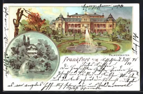 Lithographie Frankfurt-Westend, Palmengarten, Wasserfall bei Nacht