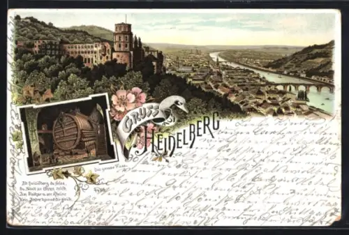 Lithographie Heidelberg, Teilansicht mit Brücke, Das grosse Fass