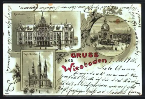 Mondschein-Lithographie Wiesbaden, Evangelische Kirche, Rathaus, Kochbrunnen