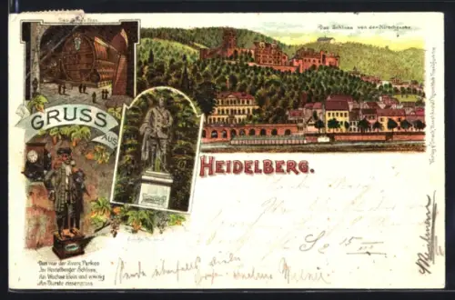 Lithographie Heidelberg, Das Schloss von der Hirschgasse, Das grosse Fass, Scheffel Denkmal