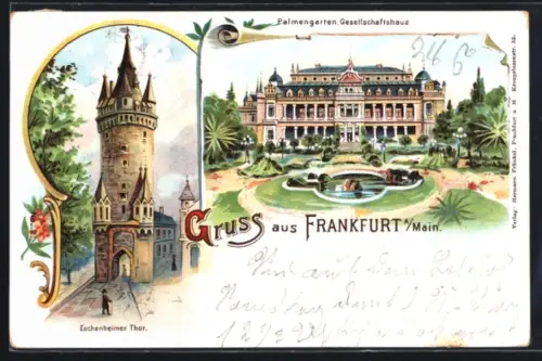 Lithographie Frankfurt-Westend, Palmengarten, Gesellschaftshaus, Eschenheimer Thor