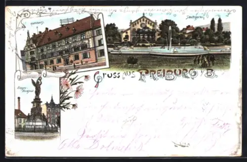 Lithographie Freiburg i. B., Rathaus, Siegesdenkmal, Stadtgarten