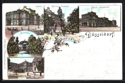 Lithographie Düsseldorf, Karte von der Restauration Zur alten Fleischbörse, Jägerhof und Kunst-Akademie