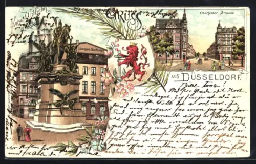 Lithographie Düsseldorf, Elberfelder Strasse, Kaiser Wilhelm Denkmal