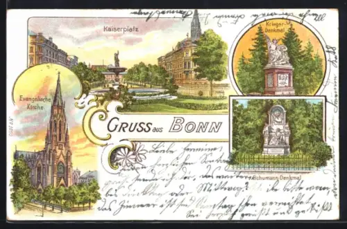 Lithographie Bonn, Partie am Kaiserplatz, Evangelische Kirche & Schumann-Denkmal