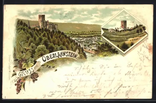 Lithographie Oberlahnstein, Burg Lahnert mit Teilansicht