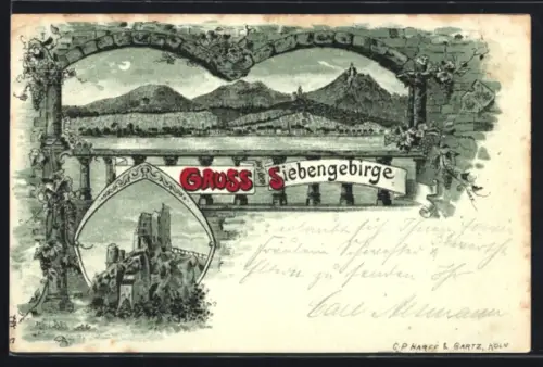 Mondschein-Lithographie Königswinter /Siebengebirge, Panorama, Burgruine