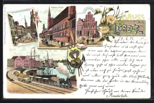 Lithographie Lübeck, Breitestrasse mit Jacobi-Kirche, Rathaus mit Portal, Schiffergesellschaft