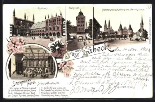 Lithographie Lübeck, Spethmanns Hotel in der Strasse Schüsselbuden 22, Rathaus, Burgthor, Holstenthor