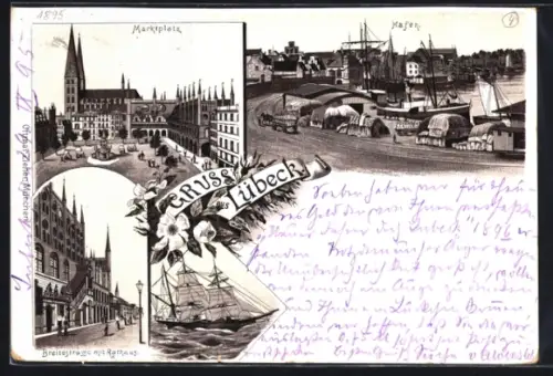 Vorläufer-Lithographie Lübeck, 1895, Breitestrasse mit Rathaus, Marktplatz, Hafen