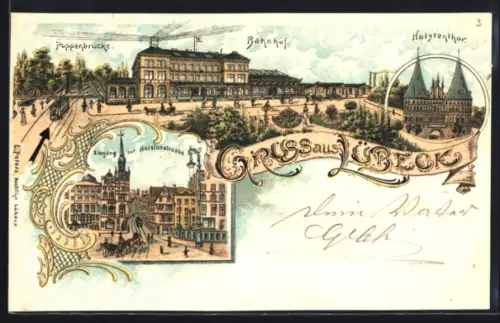 Lithographie Lübeck, Bahnhof und Puppenbrücke, Holsteintor, Eingang zur Holstenstrasse