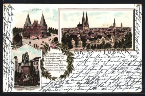 Lithographie Lübeck, Holstenthor, Geibel-Denkmal, Teilansicht mit Dom