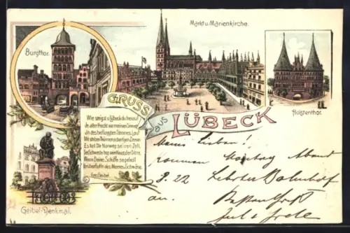 Lithographie Lübeck, Markt und Marienkirche, Burgtor, Geibel-Denkmal