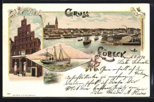 Lithographie Lübeck, Teilansicht, Schiffer-Gesellschaft, Segelschiff