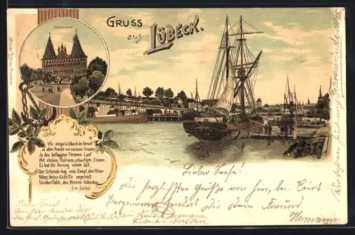 Lithographie Lübeck, Holstenthor, Segelschiffe auf der Trave
