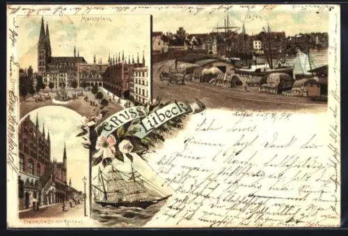 Lithographie Lübeck, Hafen, Marktplatz, Breitestrasse mit Rathaus