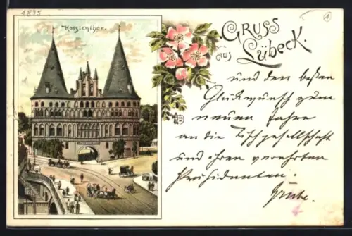 Vorläufer-Lithographie Lübeck, 1895, Holstentor mit Strassenpartie