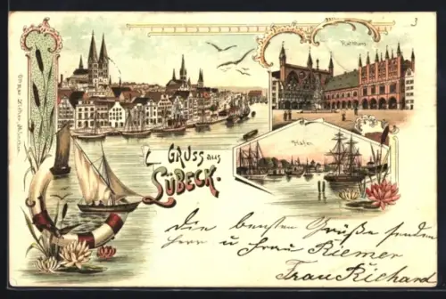 Lithographie Lübeck, Segelschiffe im Hafen, Rathaus