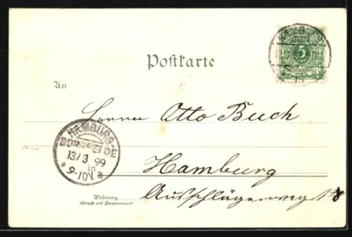 Lithographie Lübeck, Segelschiffe im Hafen, Rathaus