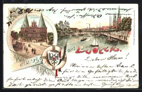 Lithographie Lübeck, Blick auf das Holstenthor und auf den Hafen
