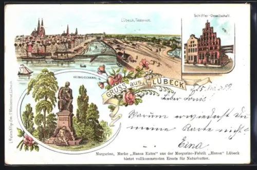 Lithographie Lübeck, Totalansicht, Schiffer-Gesellschaft, Leibel-Denkmal