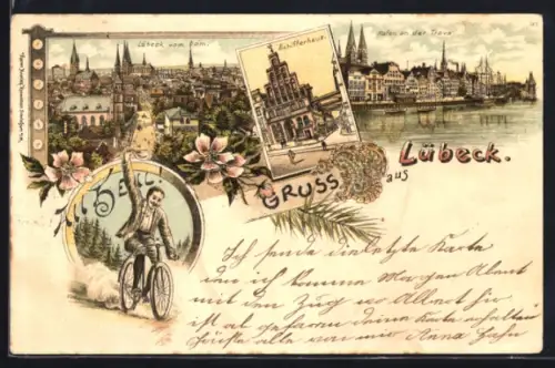 Lithographie Lübeck, Totalansicht vom Dom, Hafen an der Trave, Schifferhaus