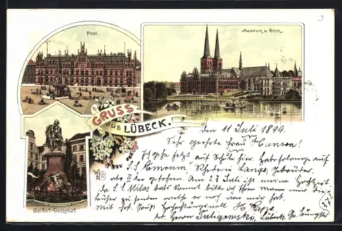 Lithographie Lübeck, Museum und Dom, Post, Geibel-Denkmal