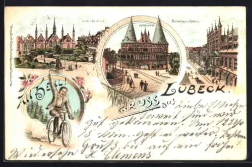 Lithographie Lübeck, Holstentor, Geibel-Denkmal, Breitestrasse und Rathaus mit Strassenbahn