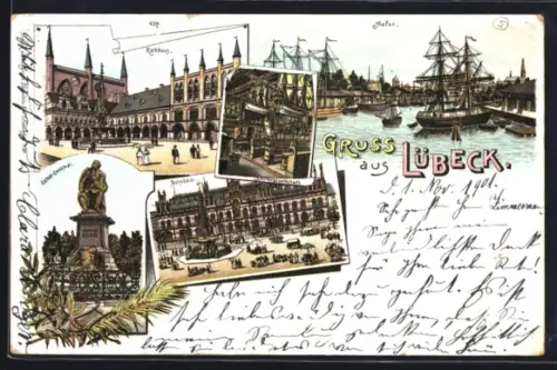 Lithographie Lübeck, Inneres Schiffergesellschaft, Hafen, Postgebäude