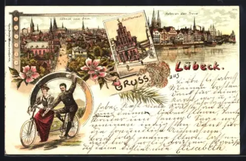 Lithographie Lübeck, Strassenpartie vom Dom aus, Schifferhaus, Hafen an der Trave