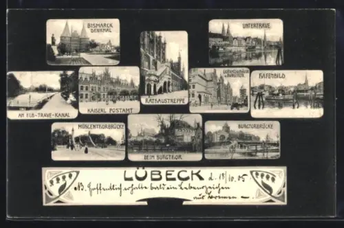AK Lübeck, Gerichtsgebäude und Burgtur, Kaiserliches Postamt, Untertrave