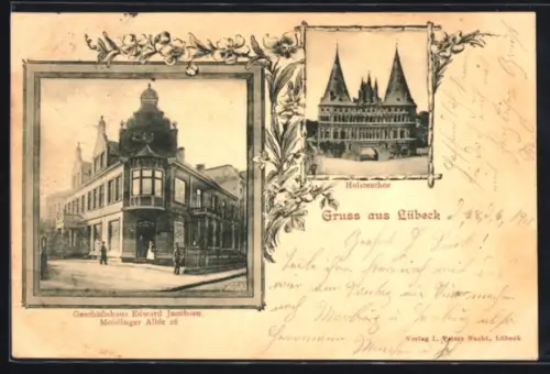 AK Lübeck, Geschäftshaus Edward Jacobsen in der Moislinger Allee 16, Holstentor