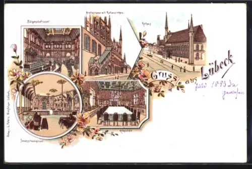 Lithographie Lübeck, Breitestrasse mit Rathaustreppe, Bürgerschaftssaal, Kriegsstube