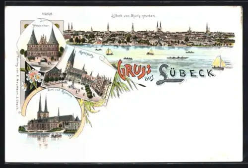 Lithographie Lübeck, Teilansicht von Marly gesehen, Marktplatz, Holstentor