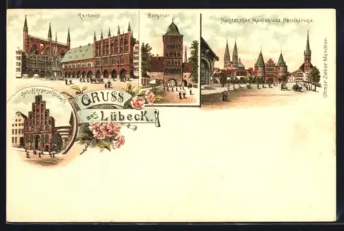 Lithographie Lübeck, Rathaus, Schiffergesellschaft, Burgtor