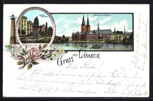 Lithographie Lübeck, Museum & Dom, Geibel-Denkmal