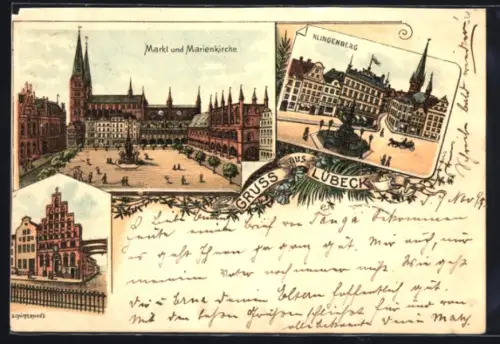 Lithographie Lübeck, Markt und Marienkirche, Schifferhaus, Klingenberg