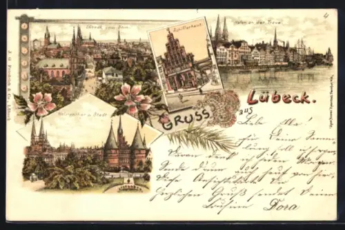 Lithographie Lübeck, Lübeck mit Dom, Hafen an der Trave, Holstentor