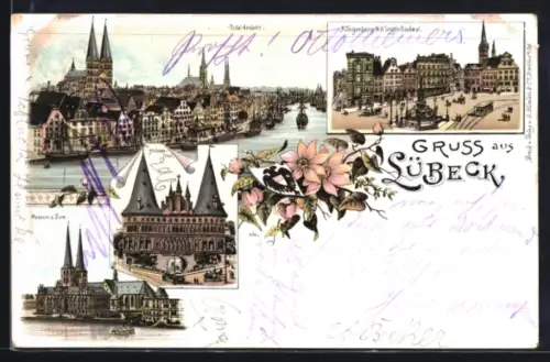 Lithographie Lübeck, Museum und Dom, Klingenberg mit Siegesdenkmal, Holstentor, Strassenbahn, Segelboote