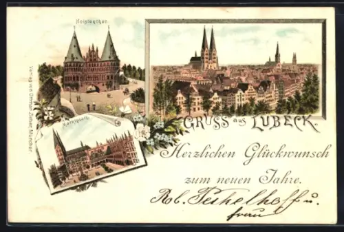 Vorläufer-Lithographie Lübeck, 1894, Teilansicht, Holstentor, Marktplatz, Neujahrsgruss
