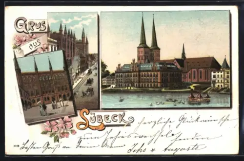 Lithographie Lübeck, Dom, Aussen- und Innenansichten