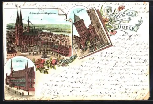 Lithographie Lübeck, Kirche aus der Vogelschau, Rathaus, Burgtor