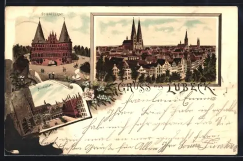 Lithographie Lübeck, Teilansicht mit Kirche, Holstentor, Marktplatz