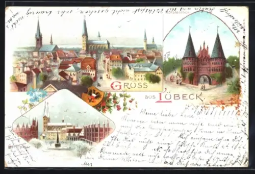 Lithographie Lübeck, Holstentor, Marktplatz, Stadtansicht