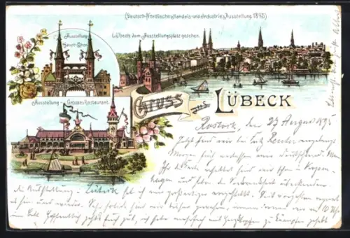 Vorläufer-Lithographie Lübeck, Deutsch-Nordische Handels- und Industrie-Ausstellung 1895, Grosses Restaurant, Haupt-Tor