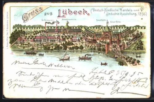 Vorläufer-Lithographie Lübeck, Deutsch-Nordische Handels- & Industrie-Ausstellung 1895, Gr. Restaurant, Haupthalle, Haup