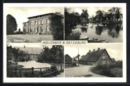 AK Hollenbek b. Ratzeburg, Bahnhof, Strassenpartie, Uferpartie